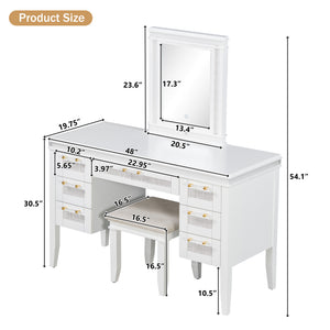 English Elm 48" Makeup Vanity Desk with Led Mirror Bamboo Weave Drawers Cushioned Stool Bedroom Light Beige N704P337484K