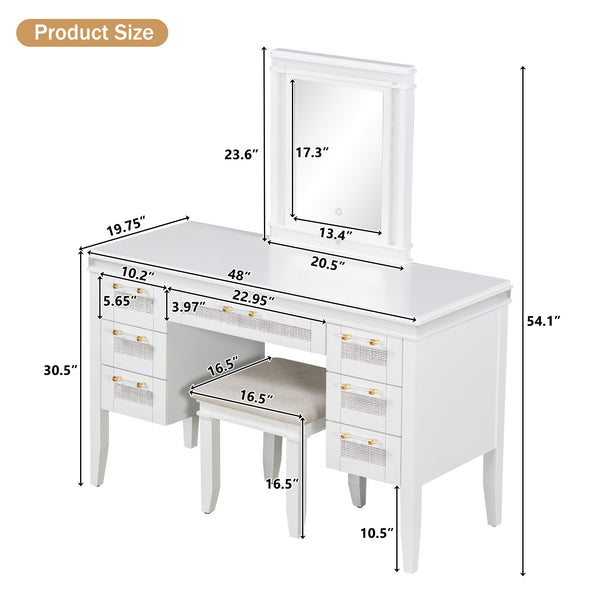 English Elm 48" Makeup Vanity Desk with Led Mirror Bamboo Weave Drawers Cushioned Stool Bedroom Light Beige N704P337484K