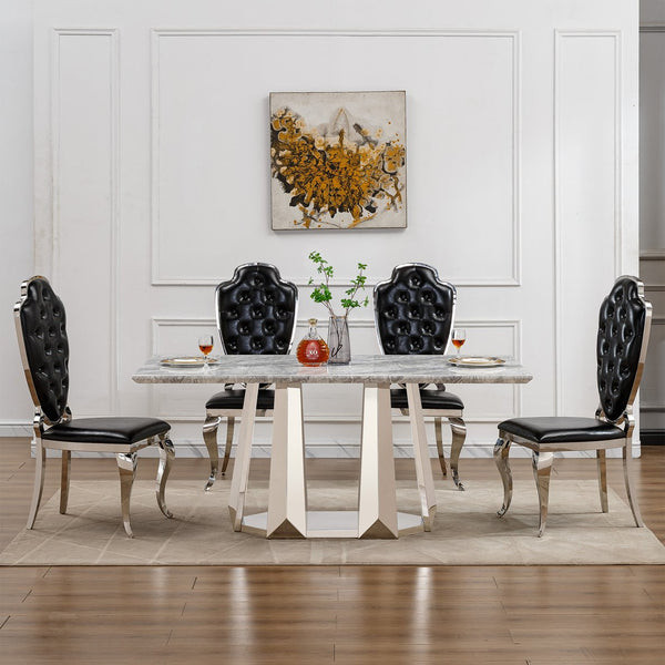 English Elm Marble Dining Table For 6-8 People, 70'' Rectangle Faux Marble Top With Stylish Chrome Base Finish W3456S00013