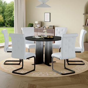 English Elm Modern Round Pedestal Dining Set Six Tufted Pvc Chairs Black White Kitchen W3875S00077