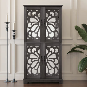 English Elm 67.4"h Mirrored Corner Cabinet Carved Butterfly Doors Adjustable Shelves Entryway Storage Dark Brown W2899P374347