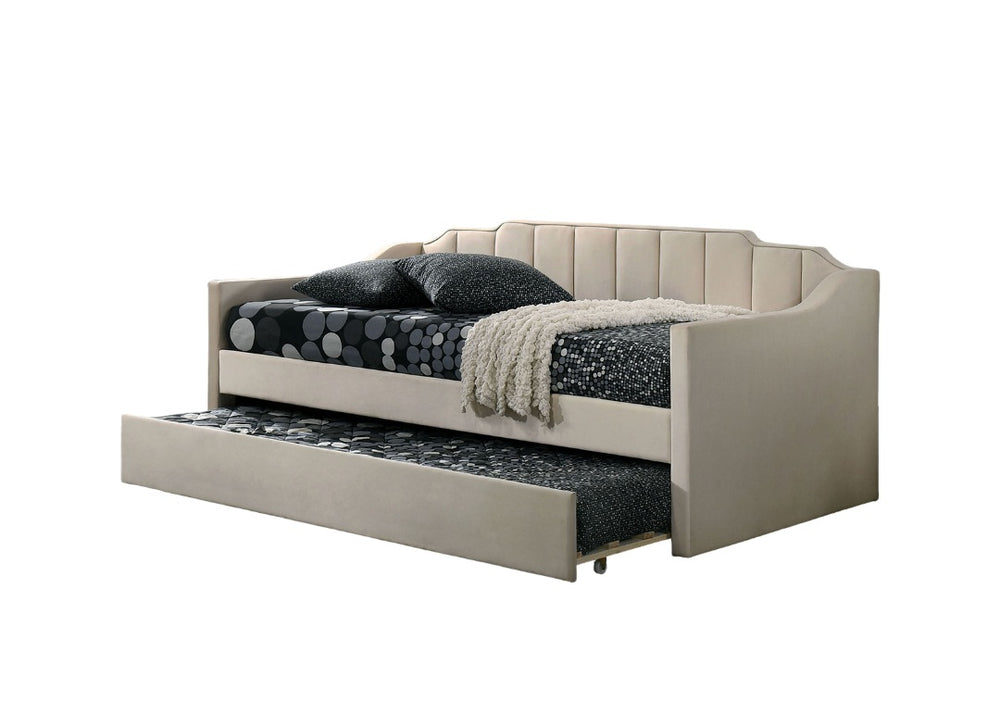 English Elm Contemporary Twin Size Daybed With Trundle, Channel Tufting, Upholstered Beige Finish For Versatility B2741S00481