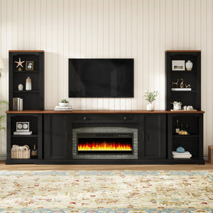 English Elm 3-piece Farmhouse Entertainment Center with Curved Cabinets Walnut Mdf Modular Living Room Black N721S000072B