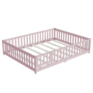 English Elm Queen Rubber Wood Floor Bed with Full Perimeter Safety Fence and Hinged Access Door Pink W504P429344
