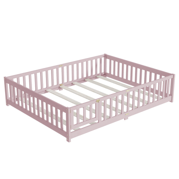 English Elm Queen Rubber Wood Floor Bed with Full Perimeter Safety Fence and Hinged Access Door Pink W504P429344