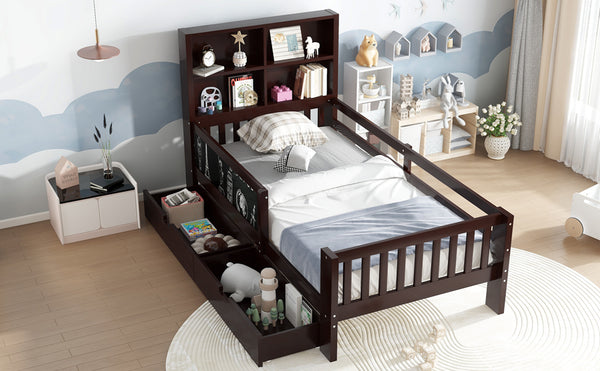 English Elm Twin Chalkboard Platform Bed with Drawers & Shelves, Solid Wood Kids Bed with Storage and Creative Headboard Espresso W1580P362705