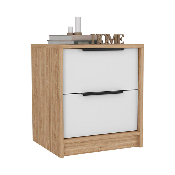 English Elm Modern Nightstand With Two Drawers - Chic White And Light Oak Design For Compact Spaces And Storage B097132984
