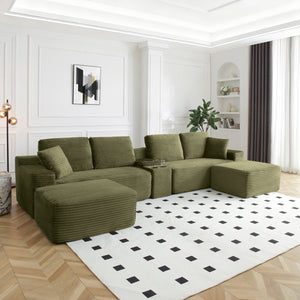 English Elm 125'' Modular L-shape Sectional Corduroy Cloud Couch with Storage and Usb Charging Green W1117S00421