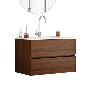 English Elm 32-Inch Wall-Mounted Bathroom Vanity With Soft-Close Drawers, Ceramic Sink, Walnut Finish, Easy Install W3151S00040