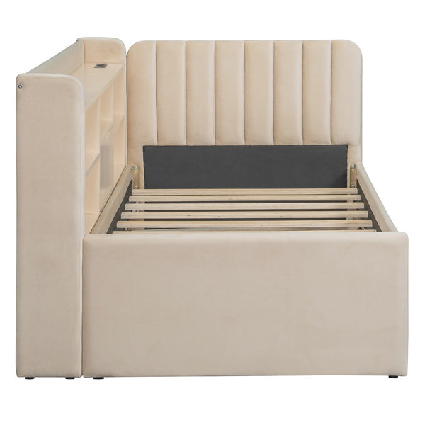 English Elm Twin Upholstered Daybed with Pull-Up Trundle, Velvet High Back with Shelves, Flip Storage & USB Beige SF000194AAA