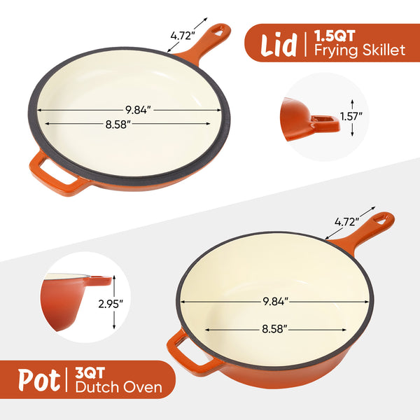 English Elm Enameled Cast Iron Skillets Dutch Oven Set 3QT + 1.5QT – Durable Heat-Retaining, Versatile Cookware Orange T3950P399255
