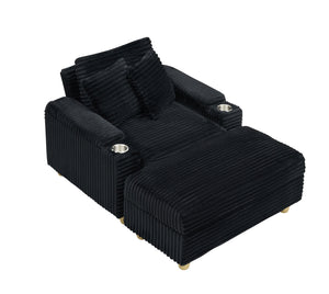 English Elm Black corduroy single sofa with ottoman storage, built-in armrest compartments, removable pillows, modern cozy design W1658S00135