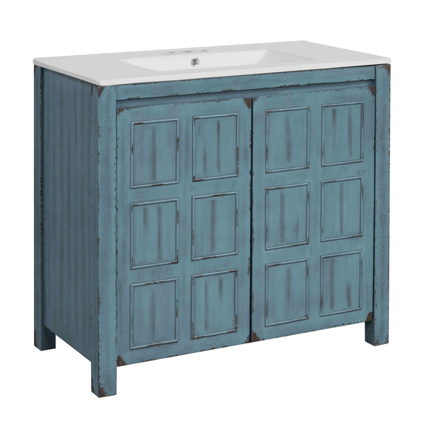 English Elm 36" Bathroom Vanity Organizer with Ceramic Sink, Solid Wood Distressed Finish, Hand-Painted Charm and Ample Storage Retro Blue N729P255666C