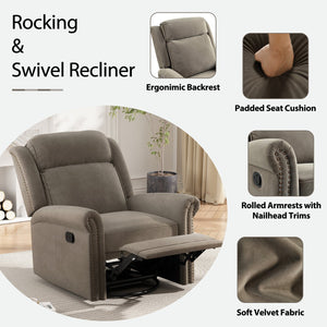 English Elm Christopher Knight Home® - 360° Swivel Recliner Plush Velvet Manual Rocker with Infinite Recline Support for Living Room Comfort Light Brown N763P202666F