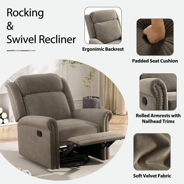 English Elm Christopher Knight Home® - 360° Swivel Recliner Plush Velvet Manual Rocker with Infinite Recline Support for Living Room Comfort Light Brown N763P202666F