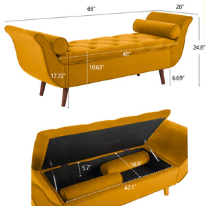 English Elm Vintage Button Tufted Velvet Storage Bench Mid Century Curved Leg Entryway Seat Brown W2795P449281