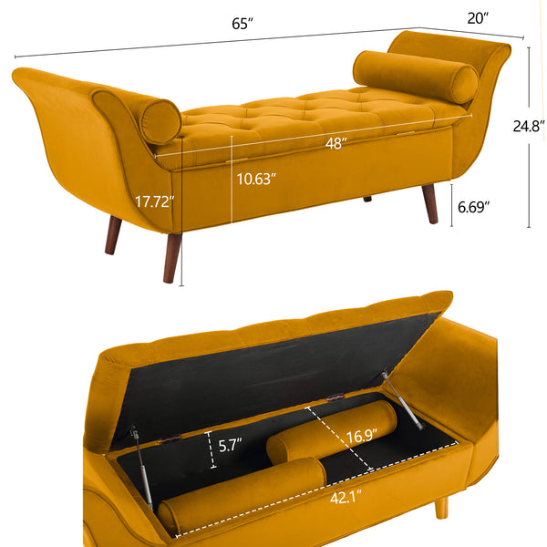 English Elm Vintage Button Tufted Velvet Storage Bench Mid Century Curved Leg Entryway Seat Brown W2795P449281