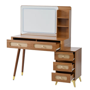 English Elm 47''Vintage Elegant Makeup Vanity with Lights and Mirror, 5-Drawer Rattan Design, Solid Wood Craftsmanship Walnut 46 L x 27 W x 8 H N733P337468M