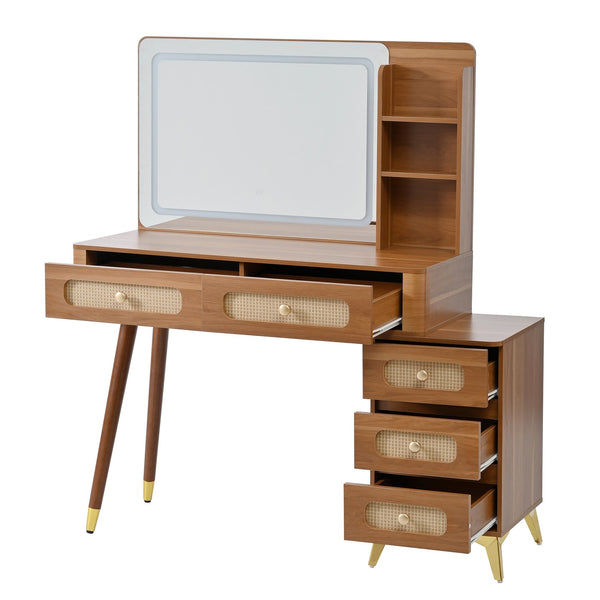English Elm 47''Vintage Elegant Makeup Vanity with Lights and Mirror, 5-Drawer Rattan Design, Solid Wood Craftsmanship Walnut 46 L x 27 W x 8 H N733P337468M