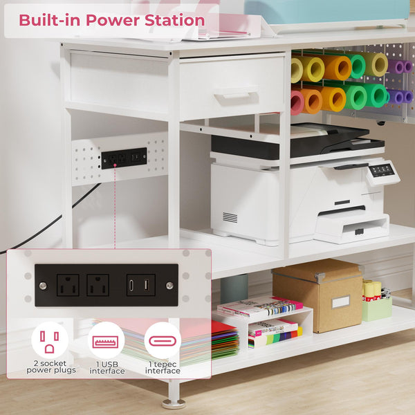 English Elm Large Metal Craft Workbench with Vinyl Roll Storage Charging Station and Pegboard W3190P416748