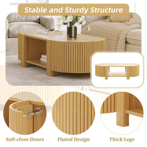 English Elm Oval Fluted Rubberwood Coffee Table with Open Storage Shelf for Living Room Natural N735P369880N