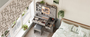 English Elm Farmhouse LED Vanity Desk with Sliding Mirror, Glass Top Storage, Built-In Charging Station & Stool Gray 37 L x 18.5 W x 13 H N733P340562G