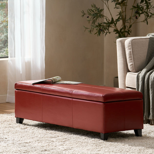 English Elm Upholstered Pu Leather Storage Ottoman with Solid Wood Legs Hinged Lid Bench Seat Red N757P414088R
