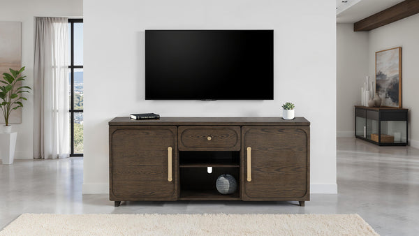 English Elm Transitional Vellara 70" TV Console Dark Walnut Finish Recessed Panels Gold Hardware, 70"W Stylish B2741P402569