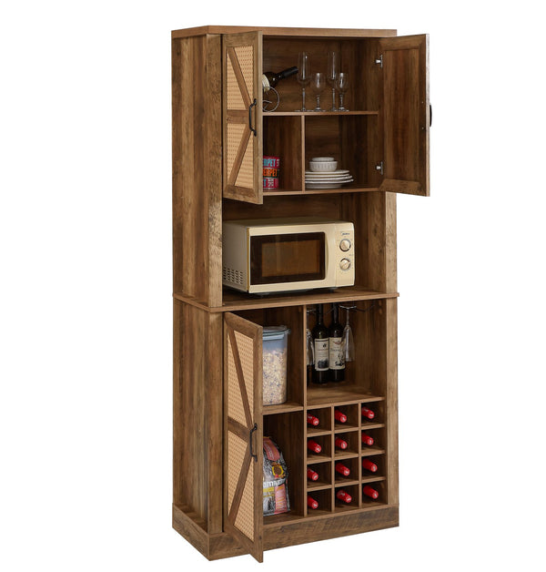 English Elm 76-Inch Rustic Oak Wine Cabinet with 12 Compartments, 3D Faux Rattan Doors, Glass Holders & Shelves W2702P183964