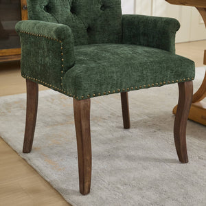 English Elm Upholstered Chenille Dining Chair with Hand-Tufted Back, Curved Solid Wood Legs, Comfortable Armseat Olive Green W1143P346929