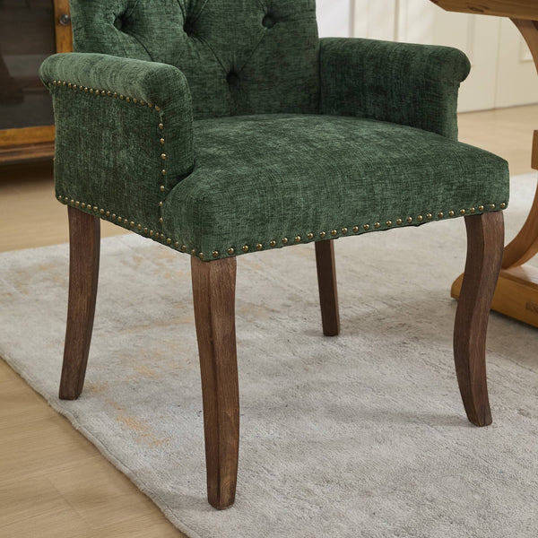English Elm Upholstered Chenille Dining Chair with Hand-Tufted Back, Curved Solid Wood Legs, Comfortable Armseat Olive Green W1143P346929