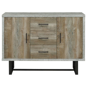 English Elm Sedona Weathered Oak Accent Cabinet with Faux Cement Frame, 3 Drawers, Shelves, Gunmetal Legs B062P351425