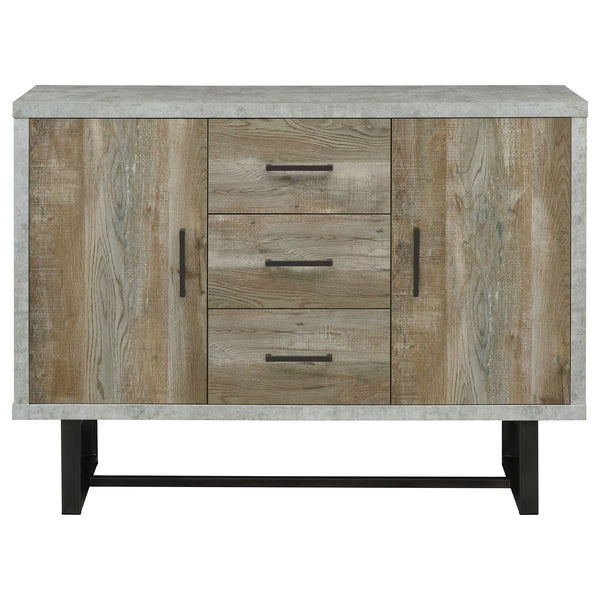 English Elm Sedona Weathered Oak Accent Cabinet with Faux Cement Frame, 3 Drawers, Shelves, Gunmetal Legs B062P351425