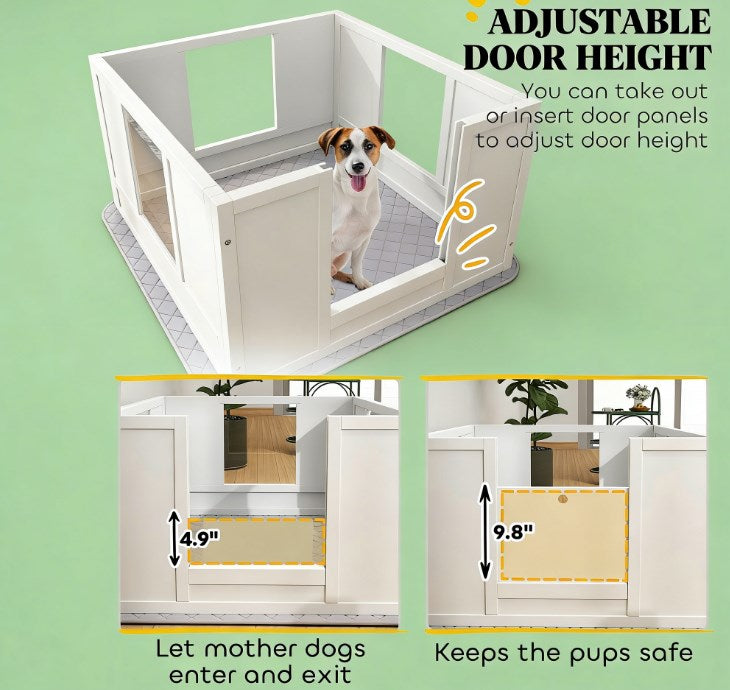 English Elm Pet Whelping Box Pine Wood Mdf Frame Acrylic Window Waterproof Pad Puppy Nursery T3971P435364