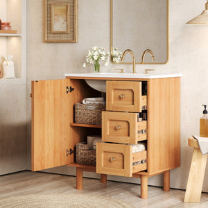 English Elm 30 Inch Bathroom Vanity with Ceramic Sink, Grey Farmhouse Cabinet w/3 Soft-Close Drawers & Storage N710P333972P