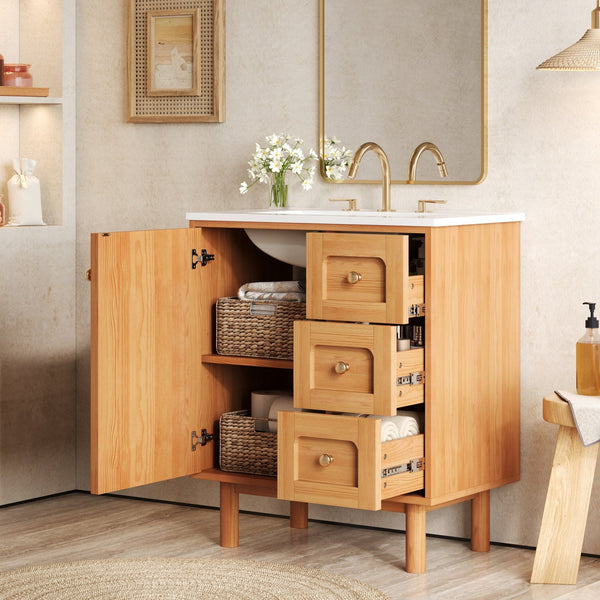 English Elm 30 Inch Bathroom Vanity with Ceramic Sink, Grey Farmhouse Cabinet w/3 Soft-Close Drawers & Storage N710P333972P