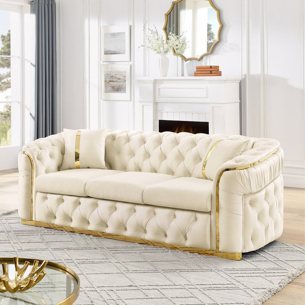 English Elm 2pcs Italian Velvet Chesterfield Sofa Set Tufted Three Seater with Gold Steel Legs Beige W1191S00044