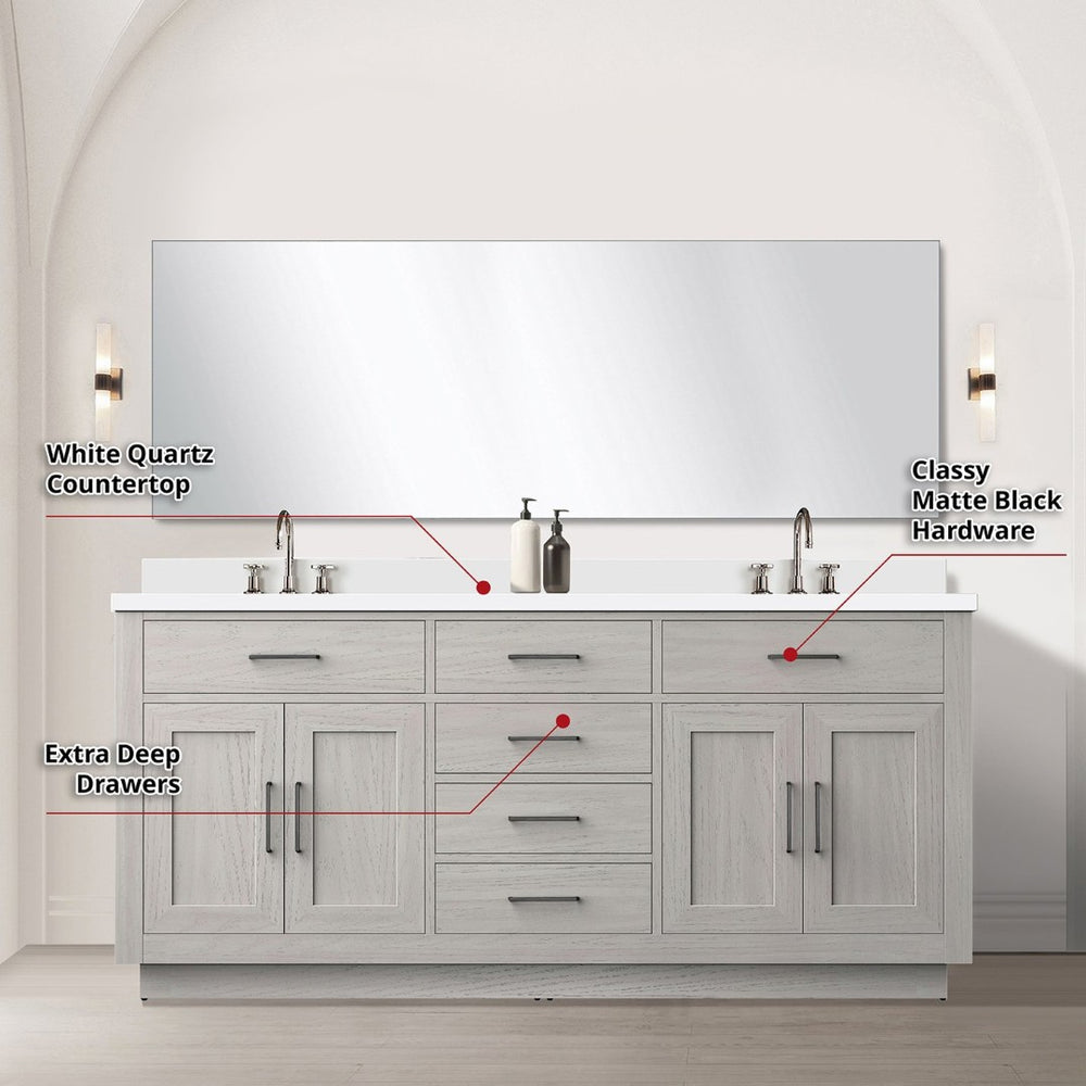English Elm White Oak Double Bath Vanity Set With White Quartz Top, 70" Mirror & Chrome Faucets For Elegance B2731S01699-GIGA