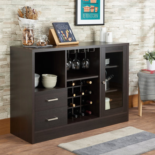 English Elm Hazen Modern Espresso Finish Wine Cabinet with 18-Bottle Rack, Stemware Holder, Shelves & Magnetic Door Espresso 53 L x 22 W x 9 H B2726P255754