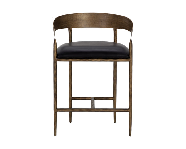 Sunpan Zanatta Stylish Barstool with Antique Brass Frame and Unique Hammered Metal Detailing for Any Space Charcoal Black Leather
