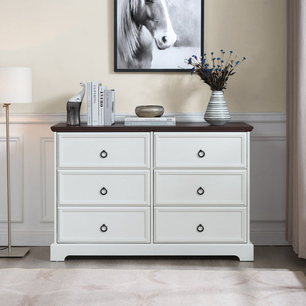 English Elm Modern 6-Drawer Chest of Drawers for Bedroom — Spacious Wooden Dresser with Smooth Glide Drawers, Elegant Patterned Top White W2275P224405