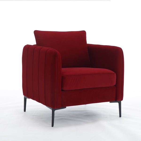 English Elm Accent Velvet Armchair Mid-century Modern Plush Seat with Metal Legs for Any Room Wine Red W3244P327125
