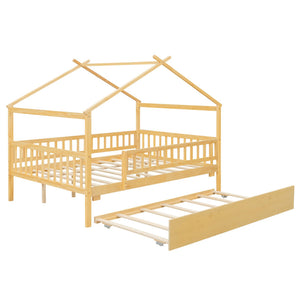 English Elm Full Size Pine House Bed with Roofline Frame and Roll Out Twin Trundle for Kids Natural LP100306AAN