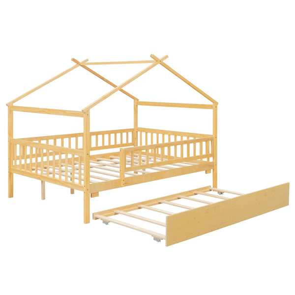English Elm Full Size Pine House Bed with Roofline Frame and Roll Out Twin Trundle for Kids Natural LP100306AAN