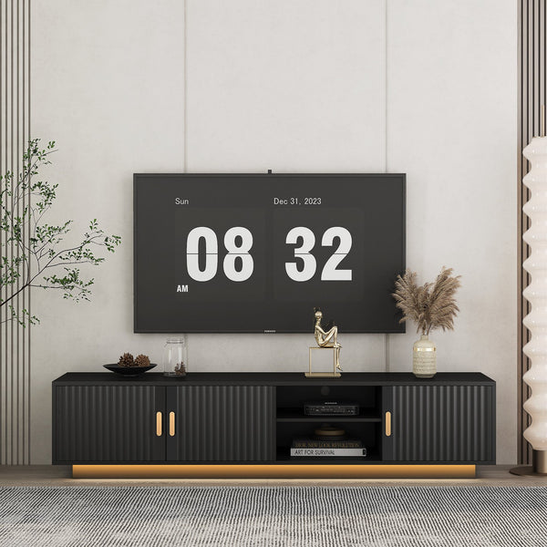 English Elm Mid Century Modern TV Stand with 16-Color LED Lights, Wavy Door Design, Waterproof MDF Storage Cabinet W1321P154003