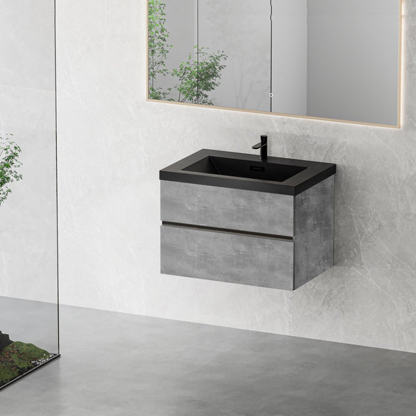 English Elm 30" Wall Mount Bathroom Vanity Cement Grey Mfc Cabinet Matte Black Quartz Basin W1573P155845