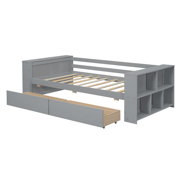 English Elm Twin Pine Wood Daybed with Shelves & Drawers, Gray — Space-Saving Twin Sofa Bed with Storage, Sturdy WF324220AAE