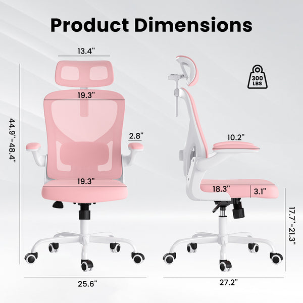 English Elm Ergonomic Office chair with adjustable headrest and lumbar support, breathable mesh, space-saving design Pink,White T3623P368569