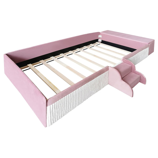 English Elm Twin Velvet Kids Daybed with Built-in Stairs Padded Guardrails and Gas Lift Storage Pink+White SF000201AAH