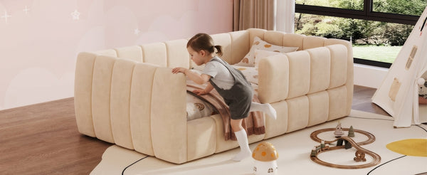 English Elm Upholstered Velvet Toddler Daybed with Removable Guardrails and Solid Slat Support Beige N899P452426A